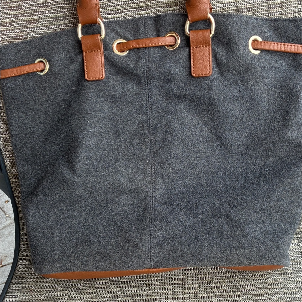 Talbots Gray Wool-Blend Tote with Brown Leather Trim
